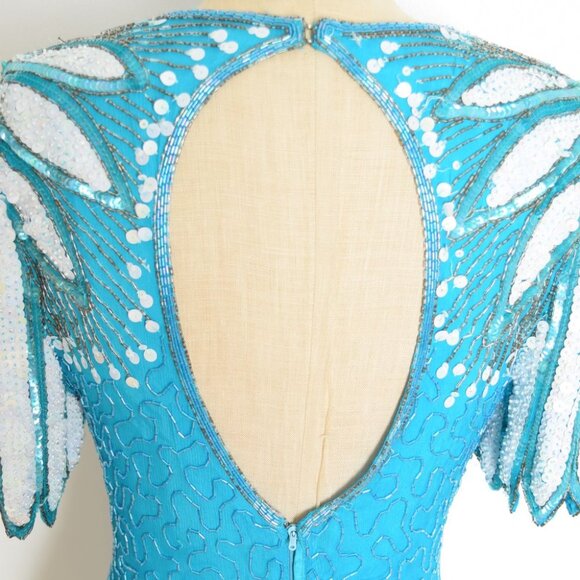 vintage 80s dress sequin beaded blue silk flapper feathers party cocktail prom M - Picture 10 of 11
